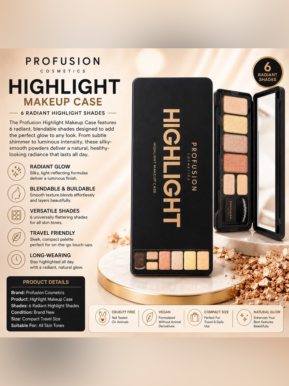 Profusion Cosmetics Highlight Palette - Champagne, Gold & Bronze Shades